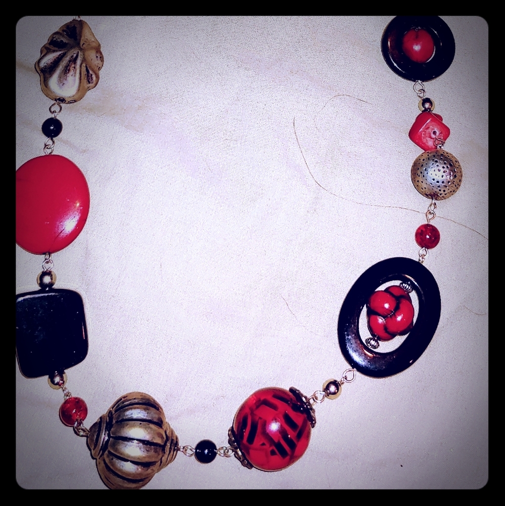 Red, Black & Gold Statement Bead Necklace
